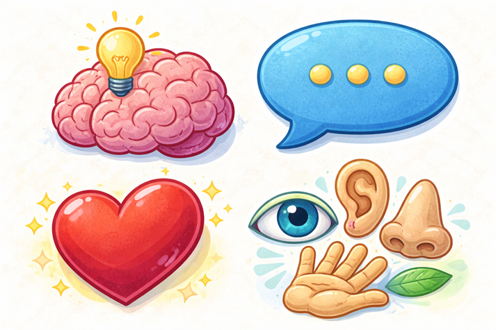 Icons for thinking (brain), talking (speech bubble), heart (feelings), and senses (eye, ear, nose, hand)